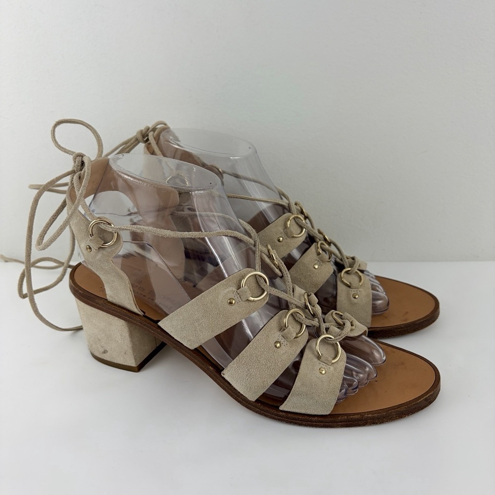 talian Leather Beige Strappy Sandals Lace Up Block Heel 38.5 Boho Chic
